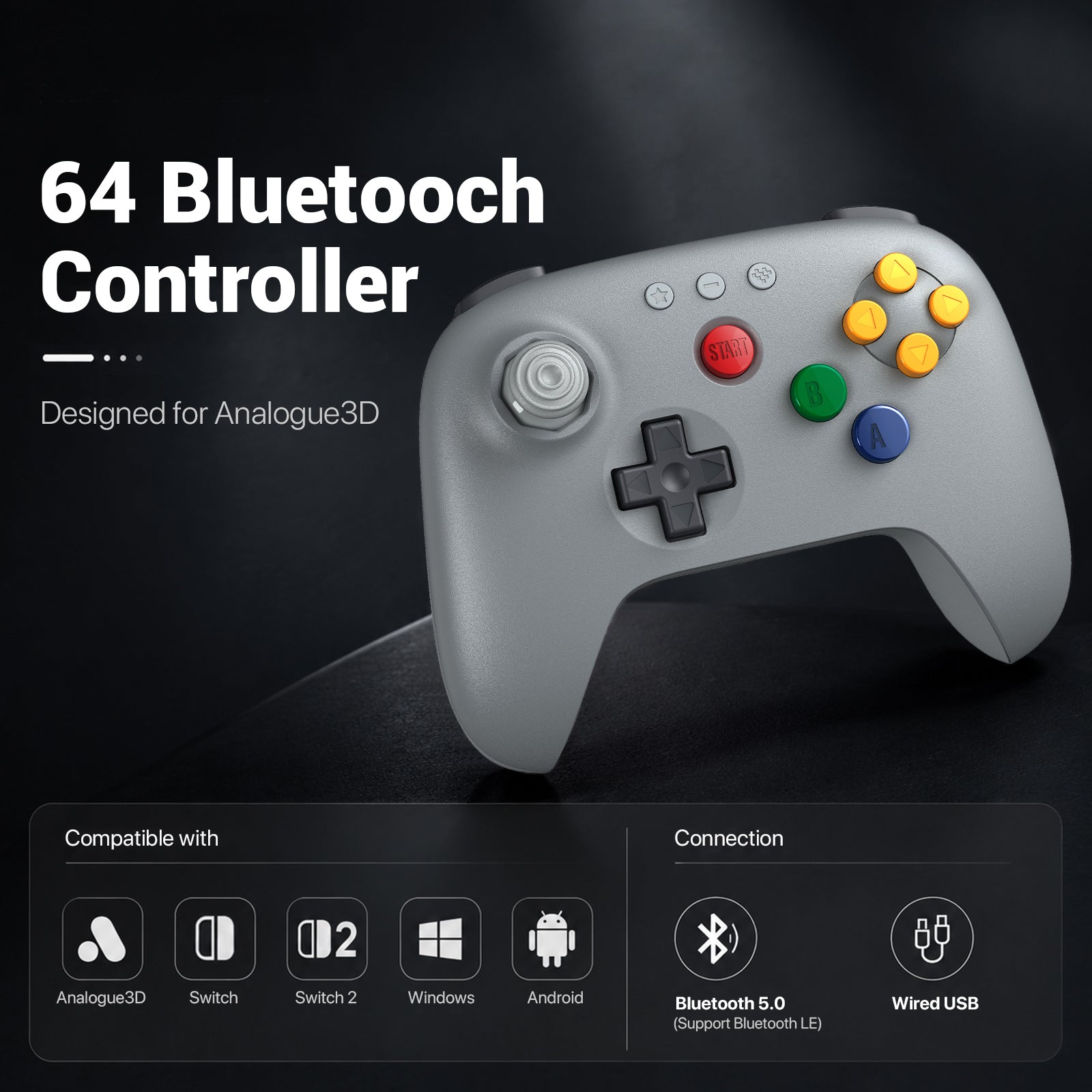8Bitdo 64 Bluetooth Controller for Analogue 3D, Switch, Windows, and Android (80NE)