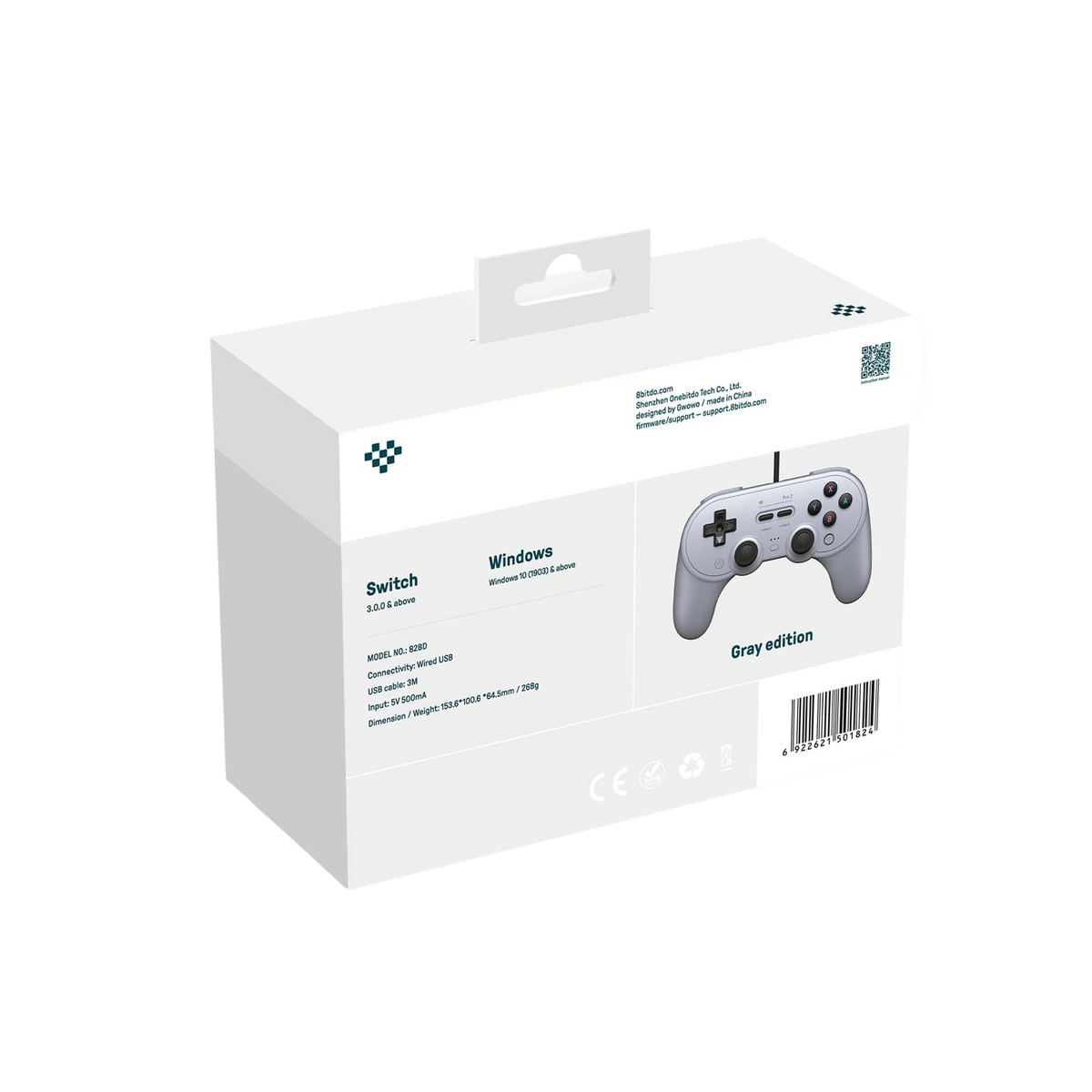 8BitDo Pro2 Wired Controller Gray Back Packaging