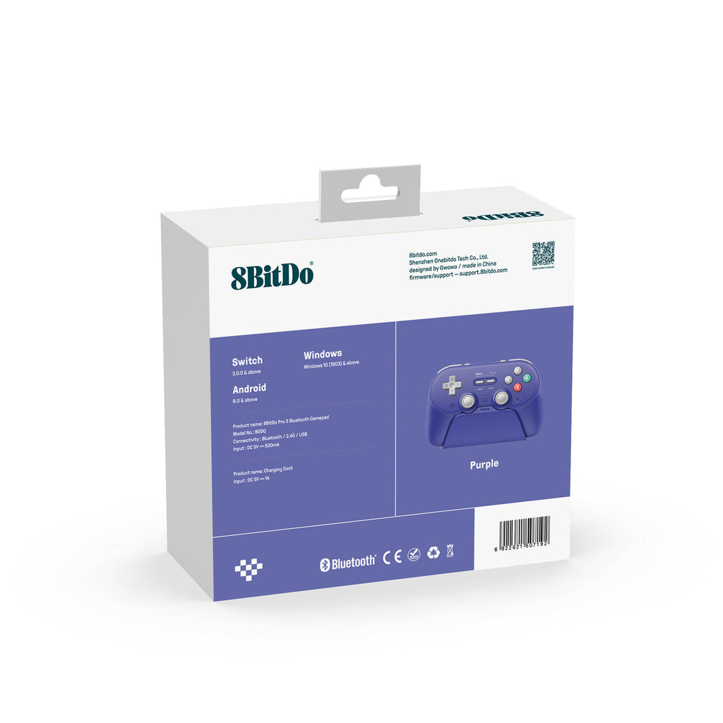 8BitDo Pro3 Blutooth Purple Controller Pack Back